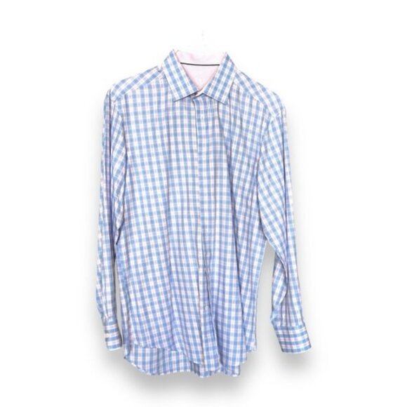 Bugatchi Uomo Mens Size M Button Down Shirt Blue Pink Classic Long Sleeve - Picture 1 of 8